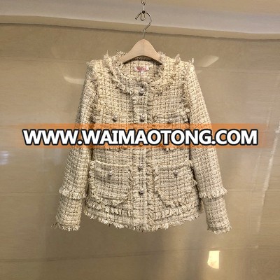 Fashion British Blazer hot sell high quality double-breasted white tweed blazer woman Trench buttons winter Tweed jacket coat