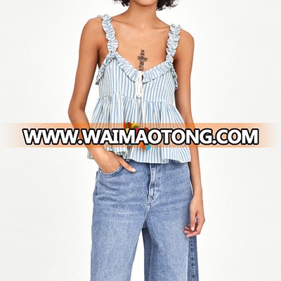 China Wholesale OEM customize designs 100%cotton stripe blouse womens summer frill tank top drawstring pompom camisole