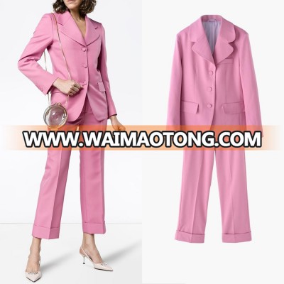 Wholesale clothes collar v neck pink plain women casual formal blazer suit wide pants trench coat Suit Jacket and Trousers