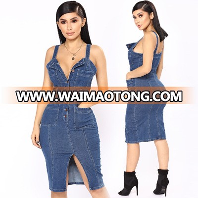 Good quality Sexy ladies off shoulder sundress buttons open breasted push up denim dress ropa mujer hot night dress for women