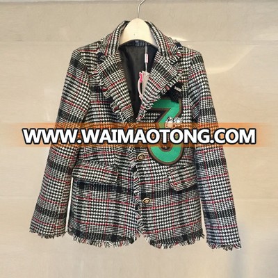 British check Blazer hot sell quality embroidered brooch double-breasted check tweed blazer ladies Trench wool jacket coat suit