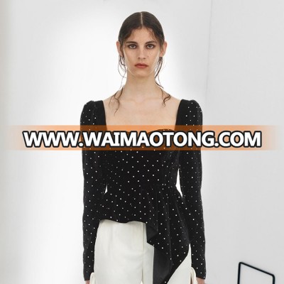 Latest fashion cutting design women polka dot square neck velvet tops shinning stone beading casual blouse women 2018