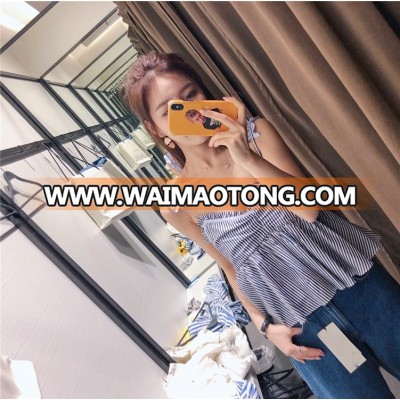 China Wholesale OEM customize designs 100%cotton stripe blouse ladies summer frill camisole fashion top women