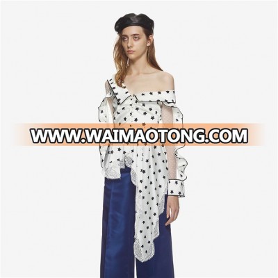 Luxury new design special cutting one shoulder puffy sleeve Polka dot mesh blouse  womens pleated skirt bottom shirt