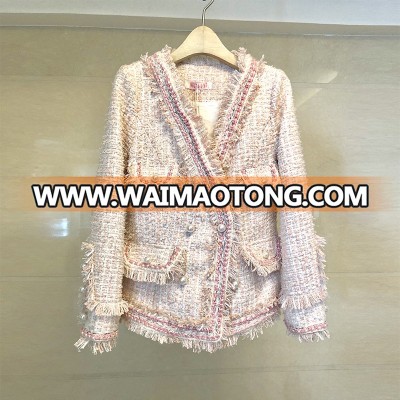 Fashion British Blazer hot sell high quality double-breasted pealrs tweed blazer woman Trench buttons winter Tweed jacket coat