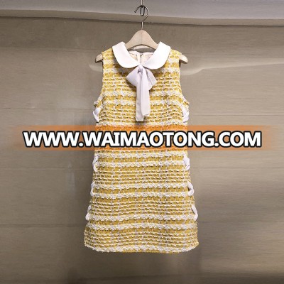 women's fashion sexy V neck Fringe Trim yellow tweed office A line dress Straight Dress fancy knitting mini bowknot Doll dress