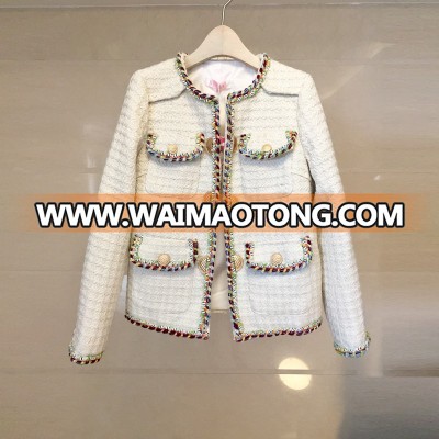 Fashion British Blazer high quality double-breasted white tweed blazer woman Trench buttons winter Tweed short jacket coat