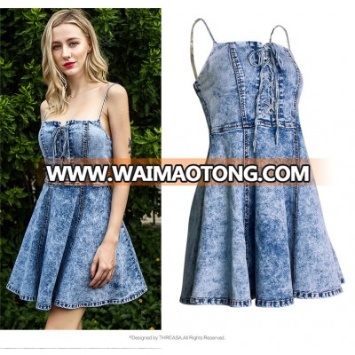 Sexy ladies denim dress criss-cross breasted push up spaghetti strap dresses snow washed off shoulder ropa mujer dresses women