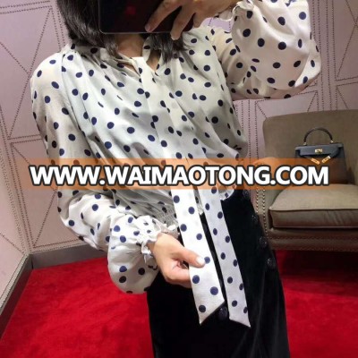 Luxury new design ladies Polka dot printed shirt real silk blouse with bowknot womens high quality long sleeve top women