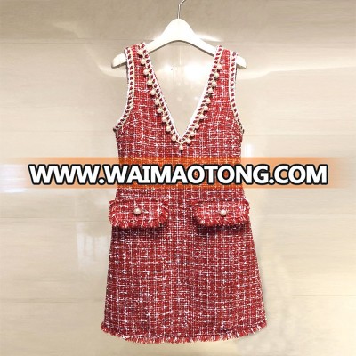 women's fashion sexy V neck Fringe Trim red tweed tassel dress Straight Dress fancy knitting buttons pearls beading mini dress